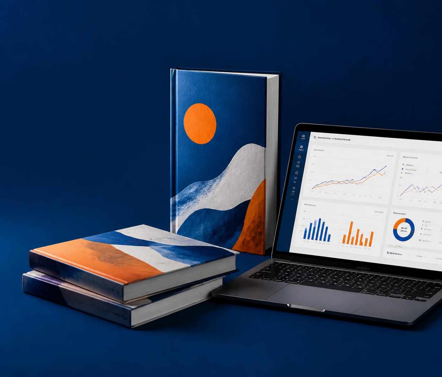 Book campaign presentation with hardcovers and marketing analytics